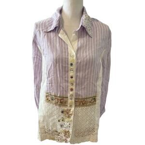 Raphael Italian Linen Button & Eyelet Embellished Button Down Shirt Lavender M